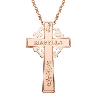 14K Rose Gold Plated Engraved Name Cross with Vines Necklace