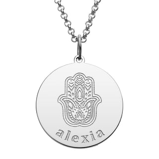 Silver Plated Engraved Name and Hamsa Hand Disc Necklace