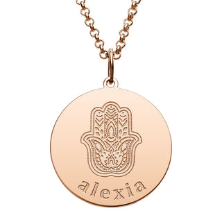 14K Rose Gold Plated Engraved Name and Hamsa Hand Disc Necklace