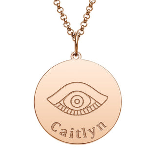 14K Rose Gold Plated Engraved Name and Evil Eye Disc Necklace