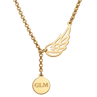 14K Gold Plated Engraved Initials Disc and Angel Wing Y-Necklace