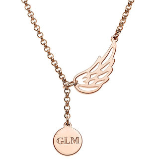 14K Rose Gold Plated Engraved Initials Disc and Angel Wing Y-Necklace