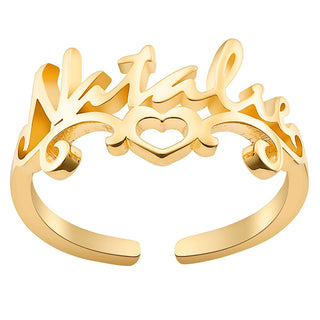 14K Gold Plated Script Name with Heart Scroll Ring