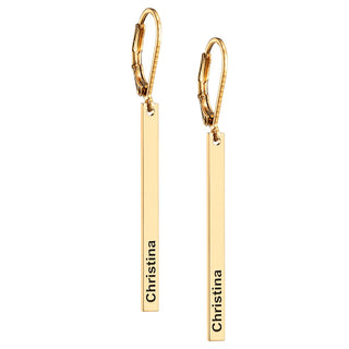 14K Gold Plated Engraved Name Vertical Bar Leverback Earrings