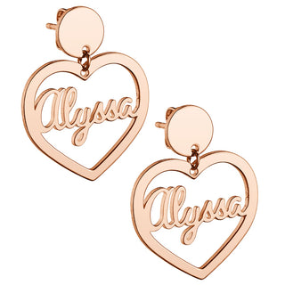 14K Rose Gold Plated Script Name Heart with Circle Dangle Earrings