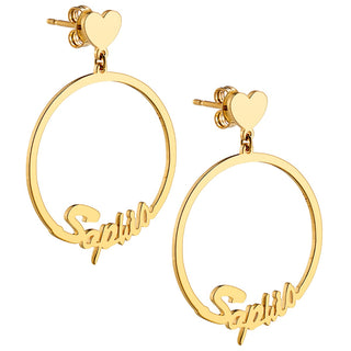 14K Gold Plated Script Name with Heart Dangle Earrings