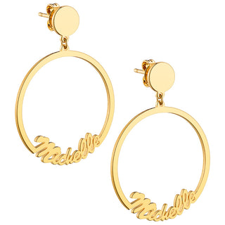 14K Gold Plated Script Name with Circle Dangle Earrings