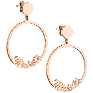 14K Rose Gold Plated Script Name with Circle Dangle Earrings