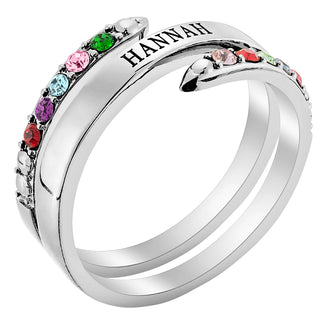 Silver Plated Engraved Family Birthstone Bypass Ring