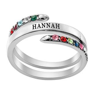 Silver Plated Engraved Family Birthstone Bypass Ring