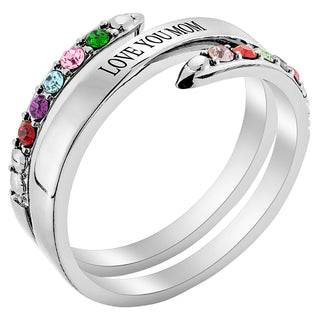 Silver Plated Engraved Family Birthstone Bypass Ring