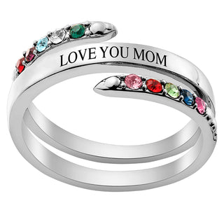 Silver Plated Engraved Family Birthstone Bypass Ring