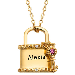 14K Gold Plated Engraved Name and Birthstone Diamond Accent Lock and Key Necklace