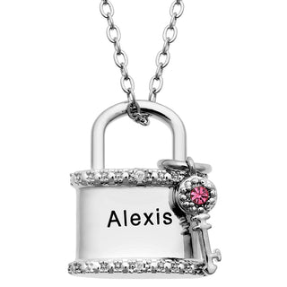 Silver Plated Engraved Name and Birthstone Diamond Accent Lock and Key Necklace