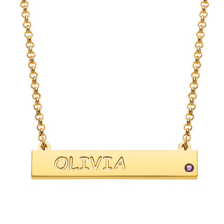 14K Gold Plated Engraved  Name and Birthstone Mini Bar Necklace