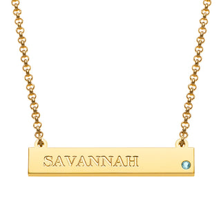 14K Gold Plated Engraved  Name and Birthstone Mini Bar Necklace