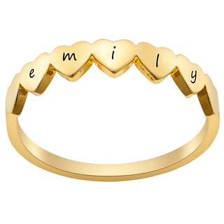 Row of Hearts 14K Gold Plated Name Ring