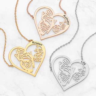 Filigree Butterfly Heart Engraved Name Necklace