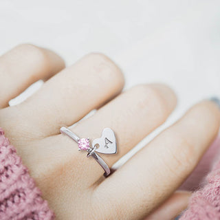 Silver Plated Dainty Heart Charm Ring with Birthstone