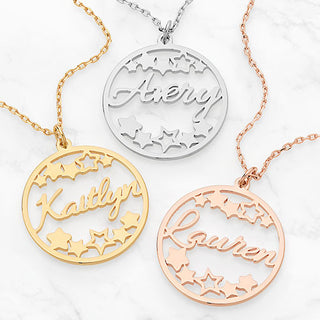 Cutout Name and Stars Disc Necklace