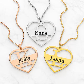 Cutout Initial with Engraved Name Heart Necklace