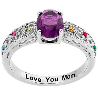 Silver Plated Filigree Oval Family Birthstone Ring