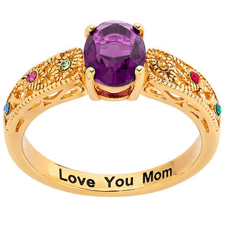 14K Gold Plated Filigree Oval Family Birthstone Ring