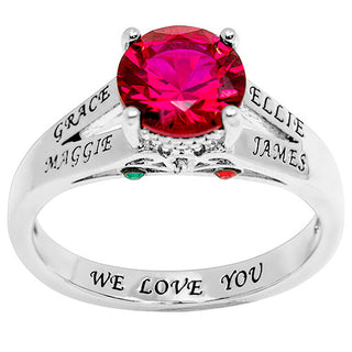 Silver Plated Engraved Family Birthstone with Diamond Accent Ring