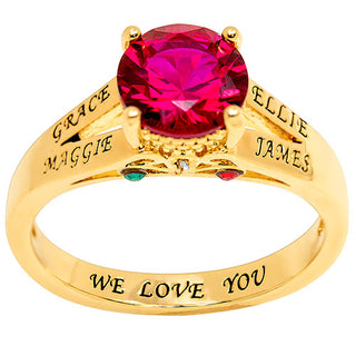 14K Gold Plated Engraved Family Birthstone with Diamond Accent Ring