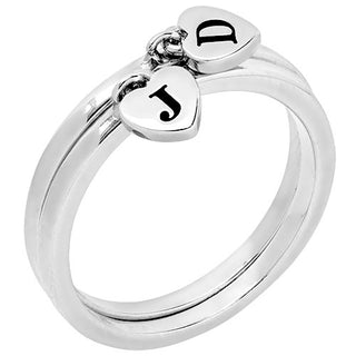 Rhodium Plated Stackable Initial Heart Charm Ring - Set of 2