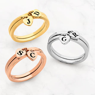 14K Rose Gold Plated Stackable Initial Heart Charm Ring - Set of 2