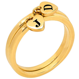 14K Gold Plated Stackable Initial Heart Charm Ring - Set of 2