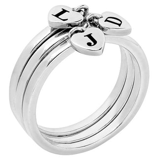 Rhodium Plated Stackable Initial Heart Charm Ring - Set of 3