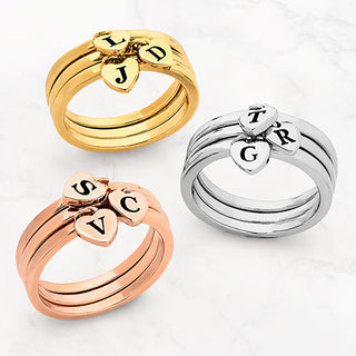 Rhodium Plated Stackable Initial Heart Charm Ring - Set of 3