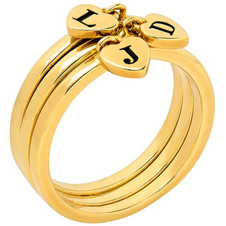 14K Gold Plated Stackable Initial Heart Charm Ring - Set of 3