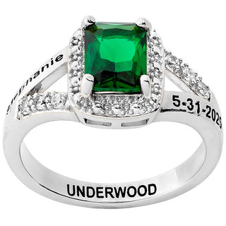 Ladies' Sterling Silver Emerald Cut Birthstone with CZ Class Ring