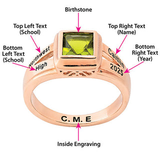 Ladies' 14K Rose Gold Plated Princess Cut Birthstone Class Ring