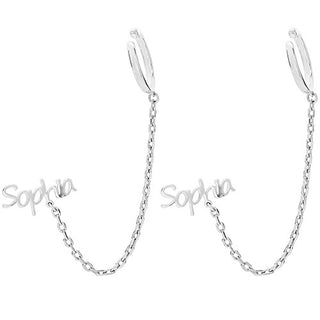 Sterling Silver Personalized Name Crawler Button with Ear Cuff and Chain Earring