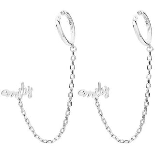 Silver Plated Lowercase Script Name Crawler Button with Ear Cuff and Chain Earring