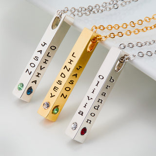 Sterling Silver Vertical 4-Sided Engraved Family Name and Birthstone Necklace