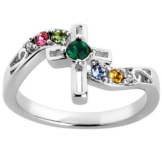 Silver Family Birthstone Diamond Accent Cross Ring