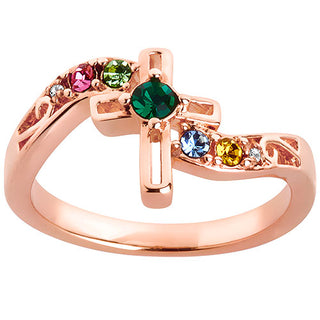 14K Rose Gold Plated Family Birthstone Diamond Accent Cross Ring