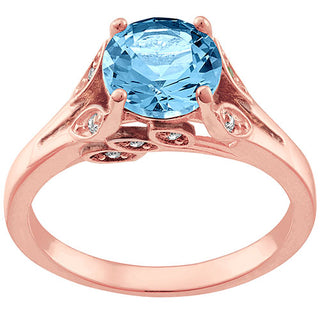 14K Rose Gold Plated Simulated Blue Topaz with Clear Crystal Leaves Ring