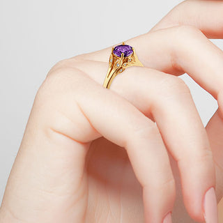 14K Gold Plated Simulated Amethyst with Clear Crystal Leaves Ring