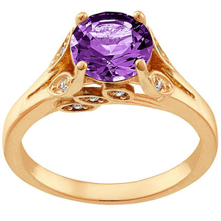 14K Gold Plated Simulated Amethyst with Clear Crystal Leaves Ring