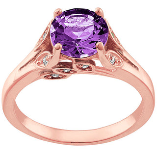 14K Rose Gold Plated Simulated Amethyst with Clear Crystal Leaves Ring