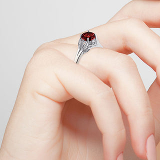 Silver Plated Simulated Garnet with Clear Crystal Leaves Ring