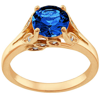 14K Gold Plated Simulated Sapphire with Clear Crystal Leaves Ring