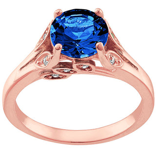 14K Rose Gold Plated Simulated Sapphire with Clear Crystal Leaves Ring