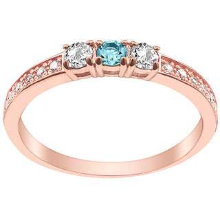 14K Rose Gold Plated Simulated Blue Topaz and Clear Crystal 3-Stone Ring